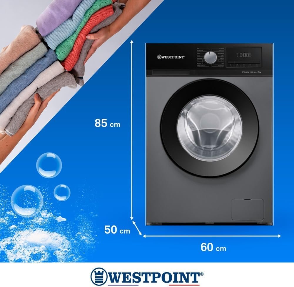 Westpoint 7KG Front Load Washing Machine Fully Automatic with INVERTER MOTOR, 1400 RPM, 16 Easy Washing Programs, Delay Start, Quick Wash in 15 Min, Led Control Panel WMT-714A25S Silver - Image 2