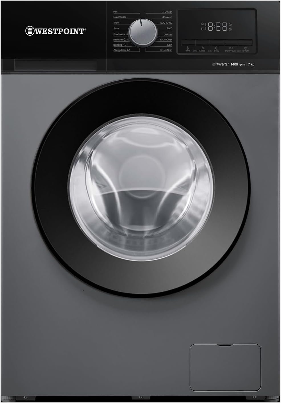 Westpoint 7KG Front Load Washing Machine Fully Automatic with INVERTER MOTOR, 1400 RPM, 16 Easy Washing Programs, Delay Start, Quick Wash in 15 Min, Led Control Panel WMT-714A25S Silver